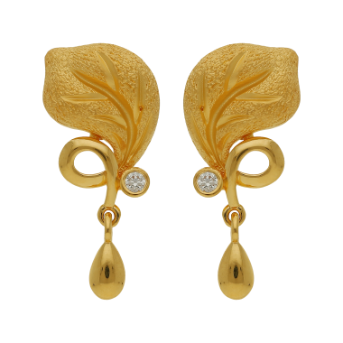 Leaf Design Drop Gold Stud With Stone